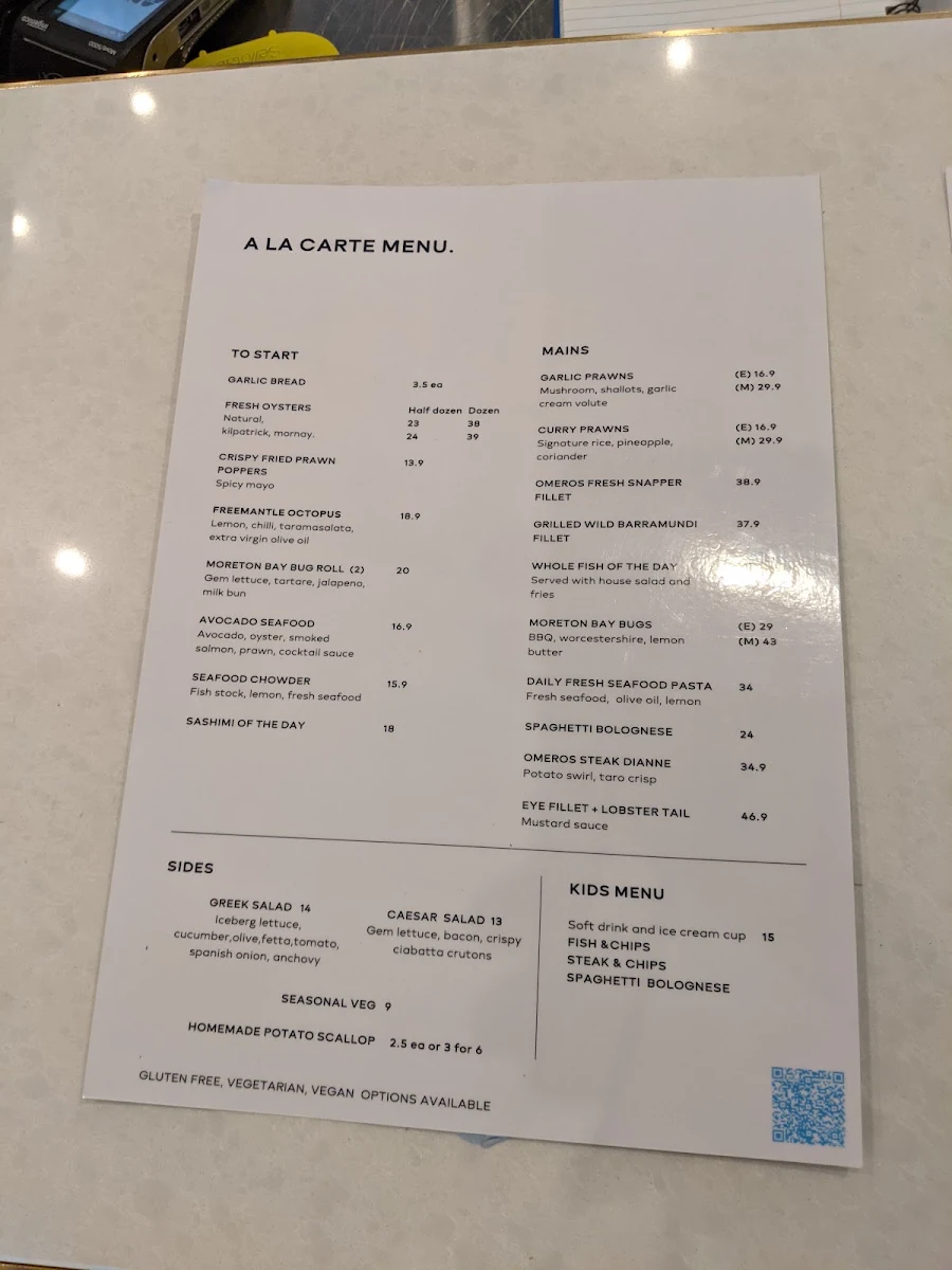 Menu, Omeros Fish Bar