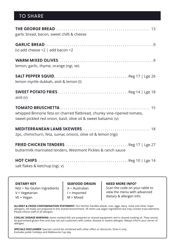 Menu, The George Tavern