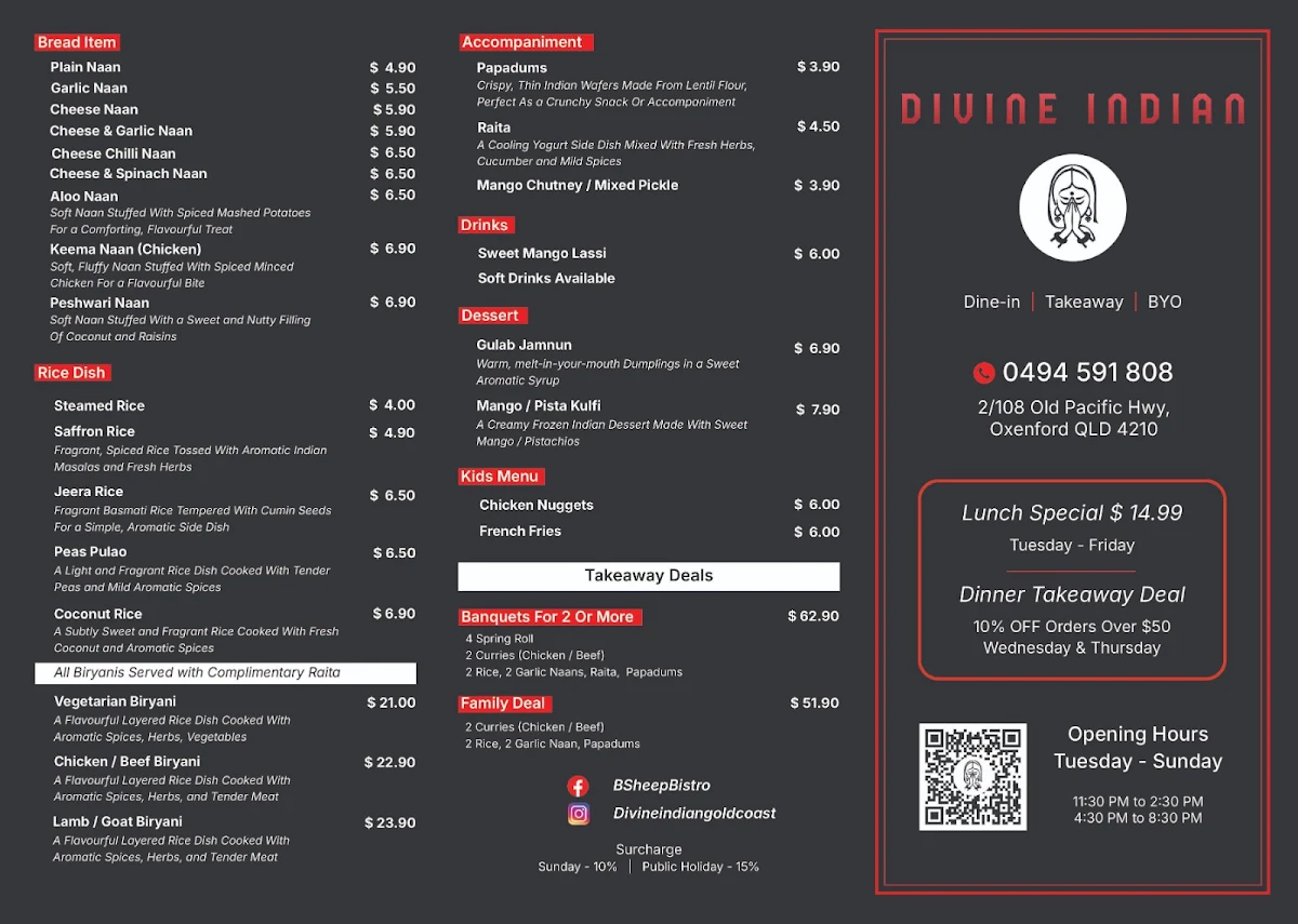 Menu, Black Sheep Bistro Divine Indian
