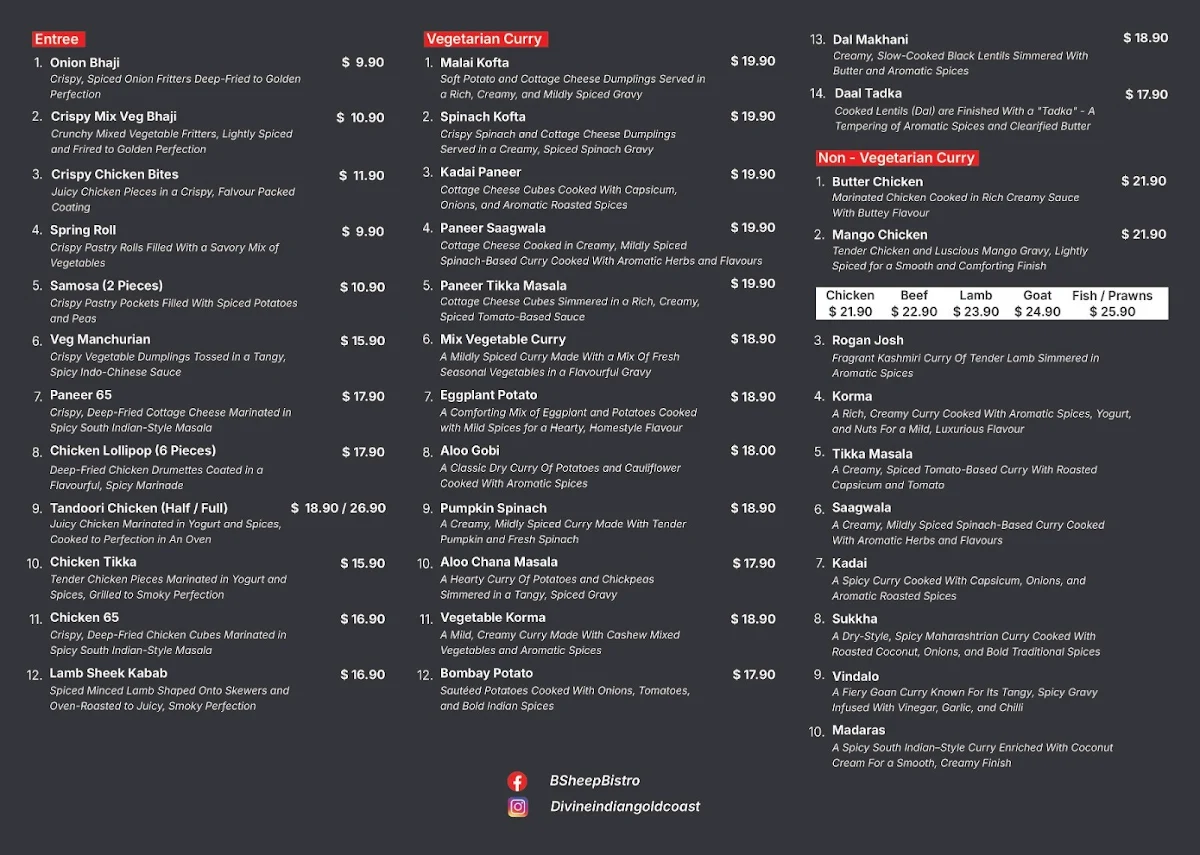 Menu, Black Sheep Bistro Divine Indian