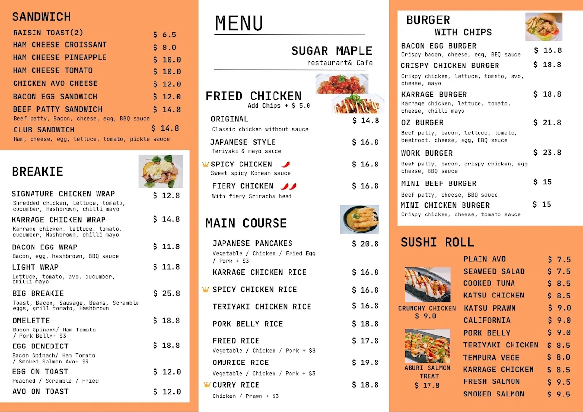Menu, Sugar Maple Japanese Restaurant & Cafe