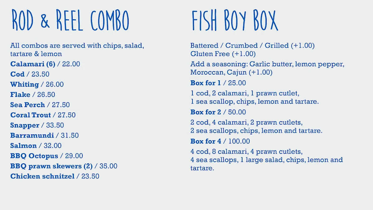 Menu, Fish Boy Hawthorne