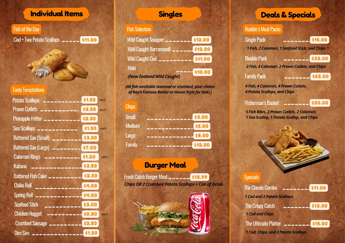 Menu, Roddies Fish & Chips
