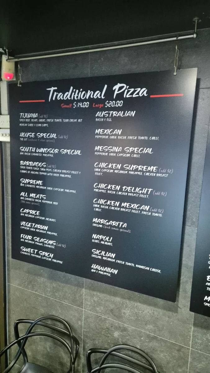 Menu, Messina Pizza and Pasta