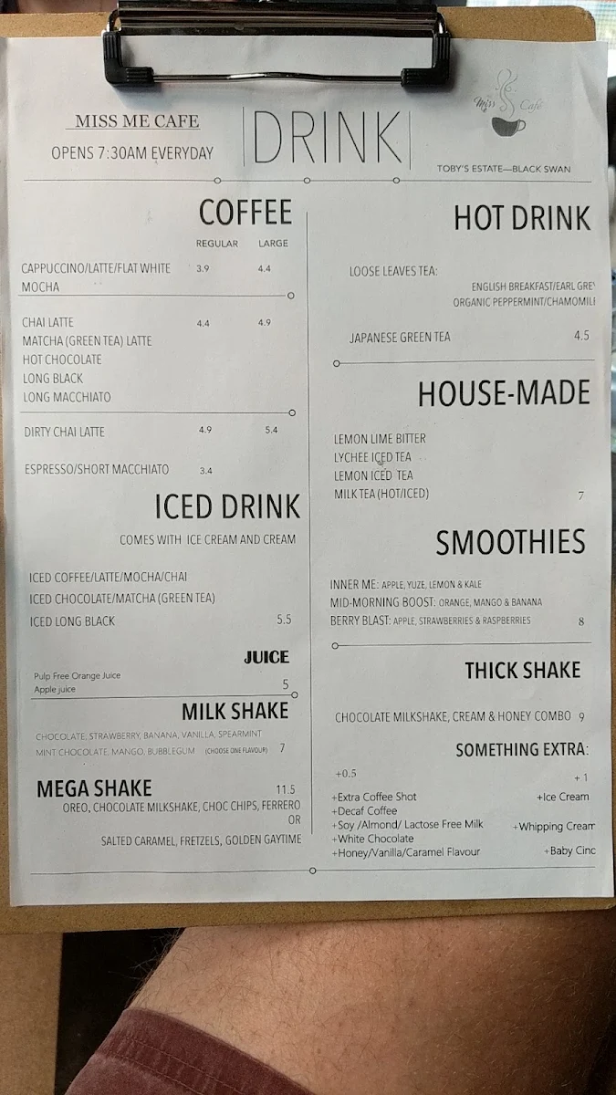 Menu, Miss Me Cafe