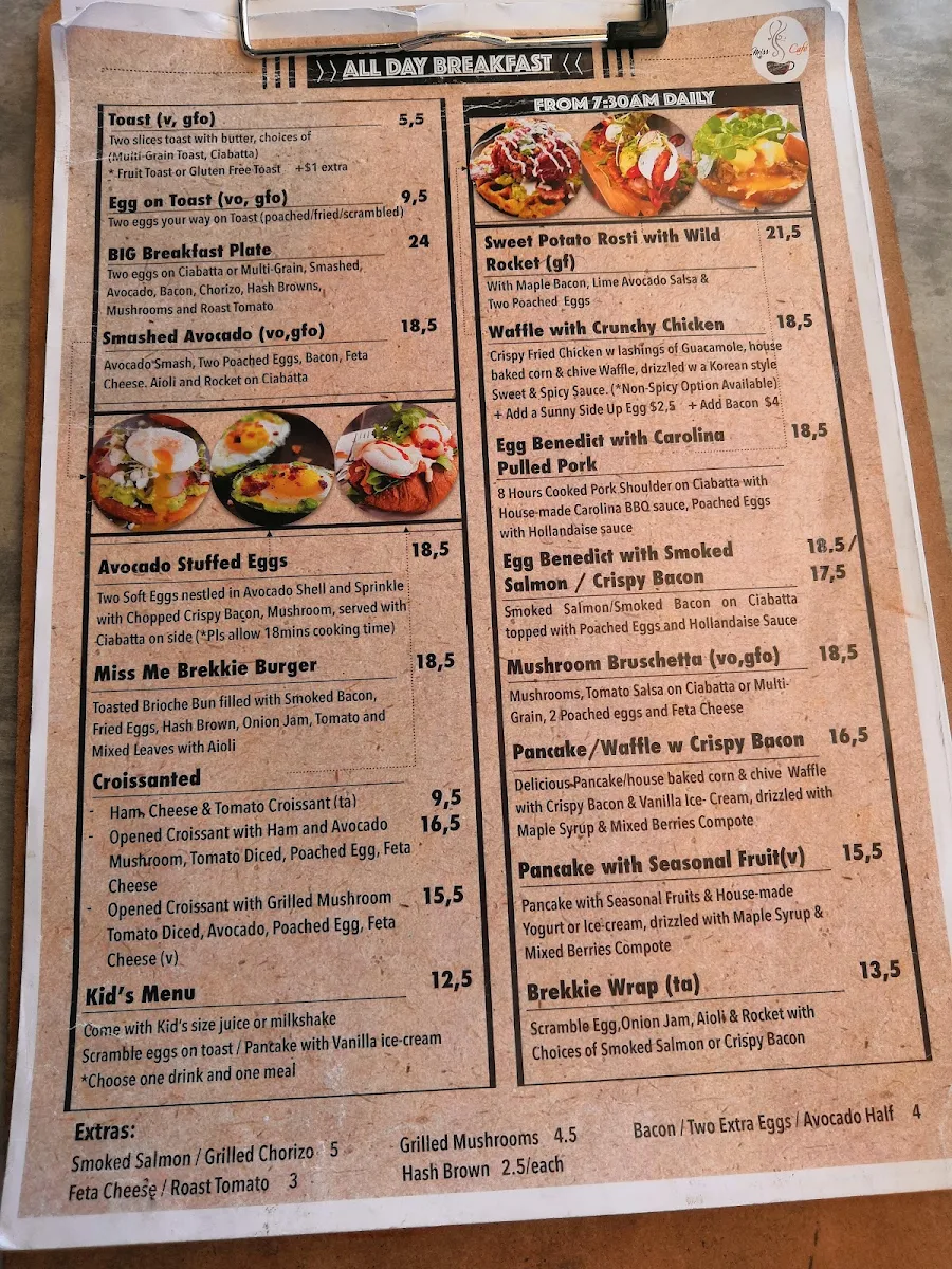 Menu, Miss Me Cafe