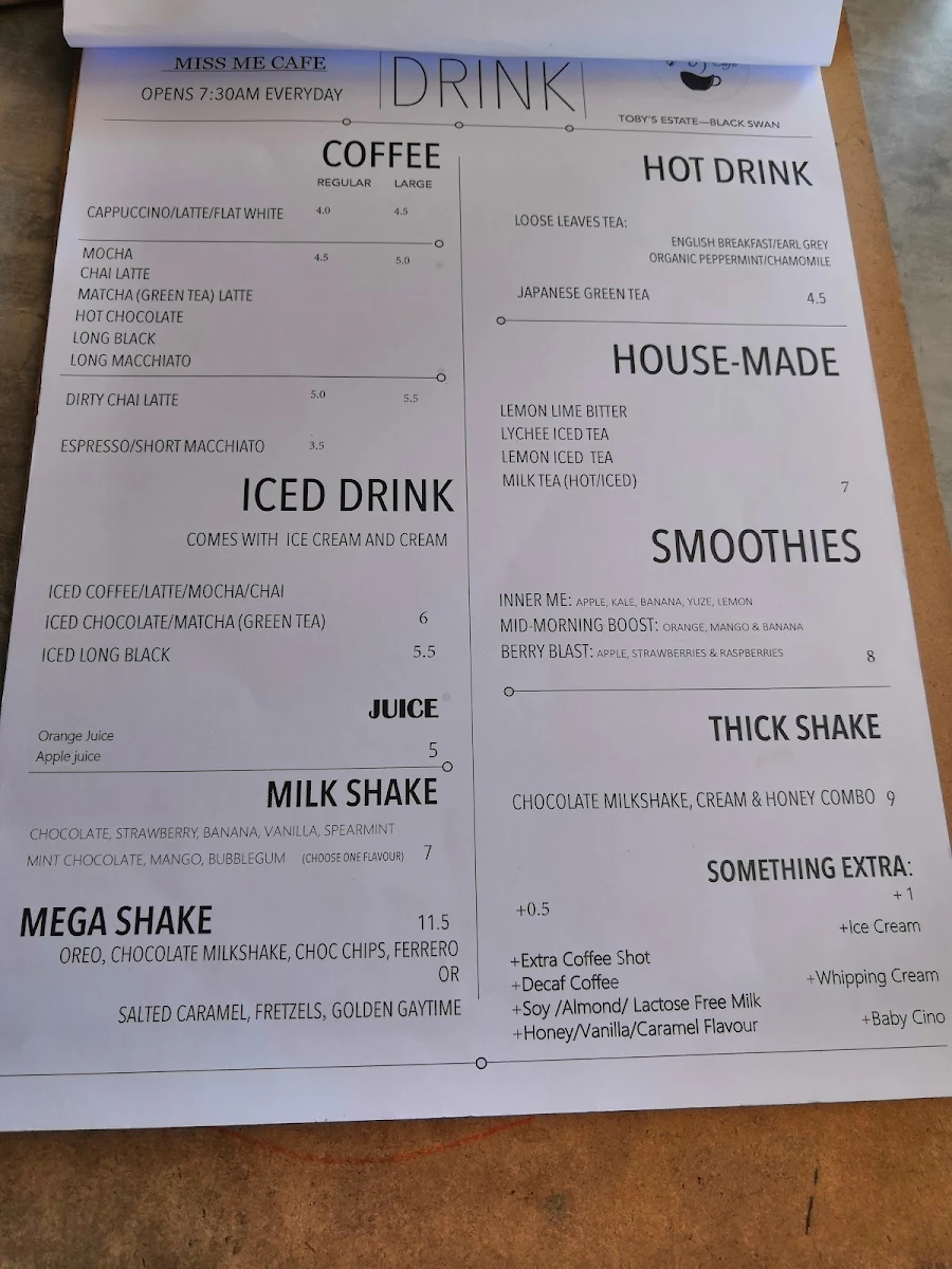 Menu, Miss Me Cafe