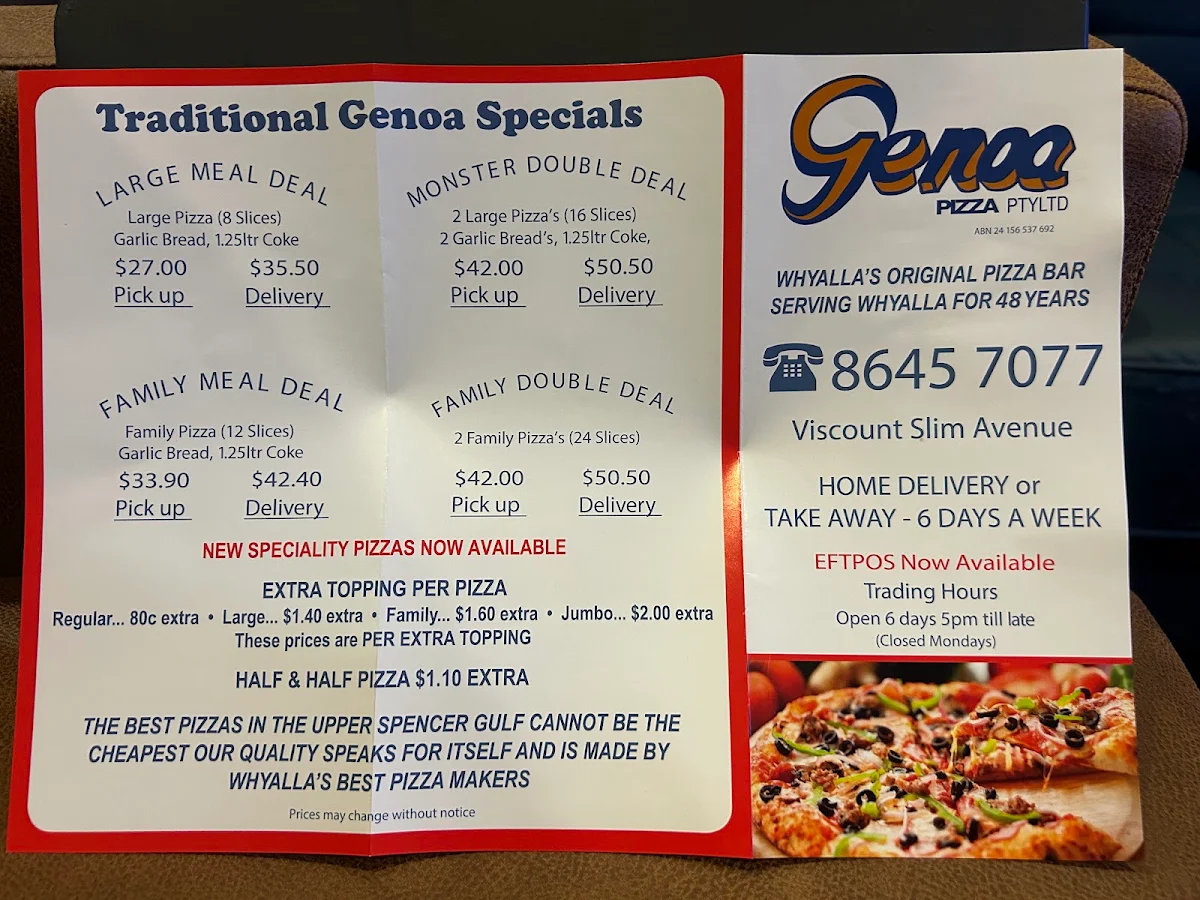 Menu, Genoa Pizza Bar