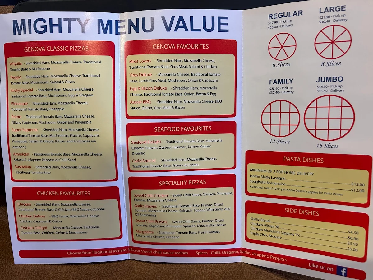 Menu, Genoa Pizza Bar