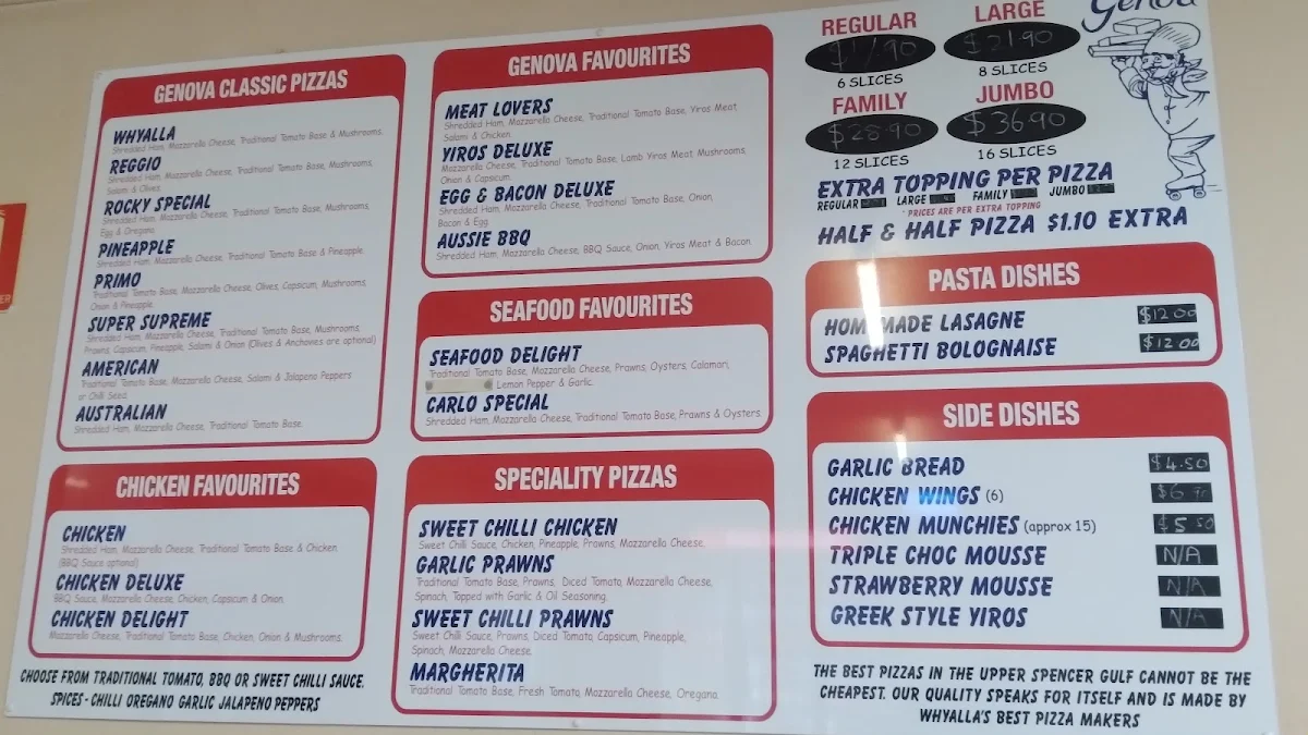 Menu, Genoa Pizza Bar