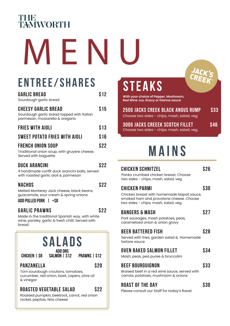 Menu, The Tamworth Hotel