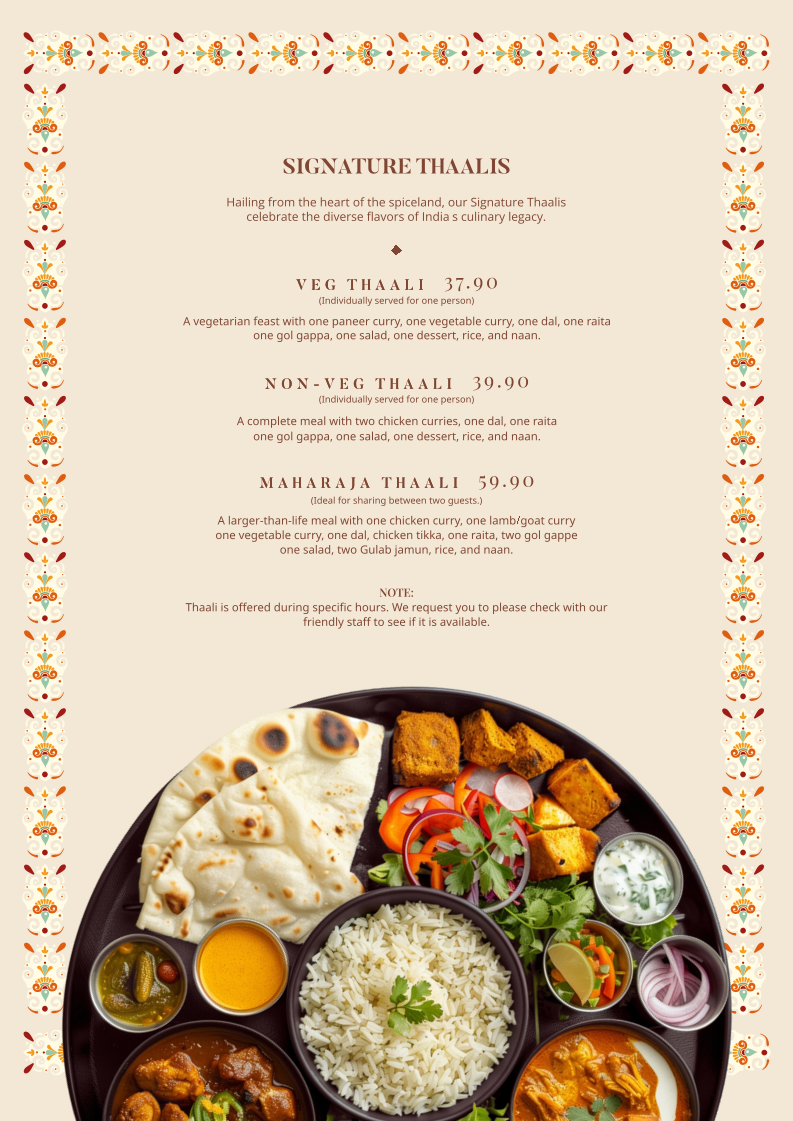 Menu, Thaali Indian restaurant Fairfield