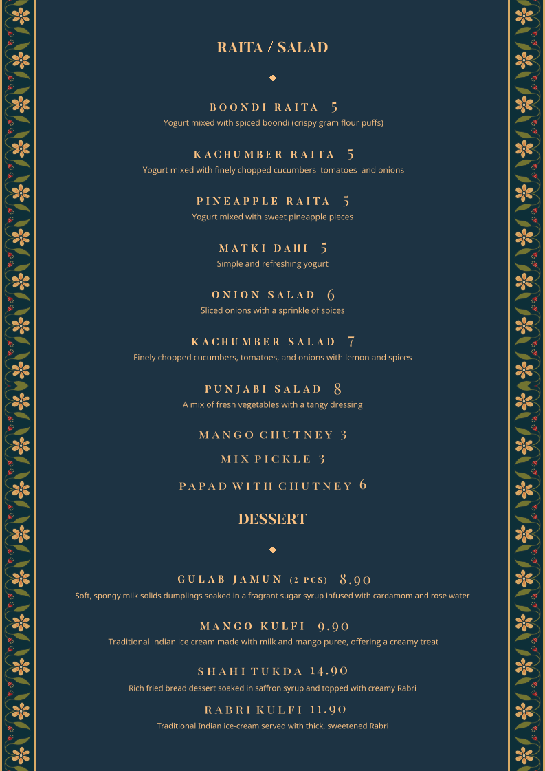 Menu, Thaali Indian restaurant Fairfield