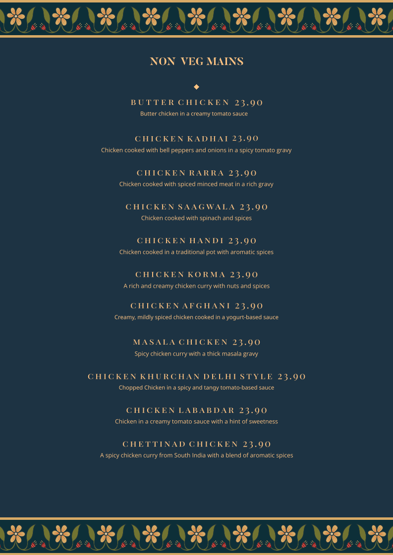 Menu, Thaali Indian restaurant Fairfield