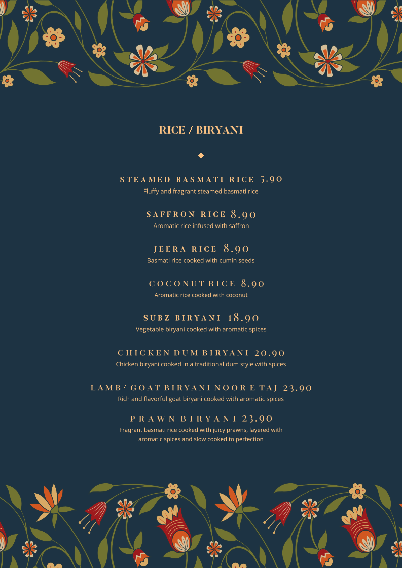 Menu, Thaali Indian restaurant Fairfield