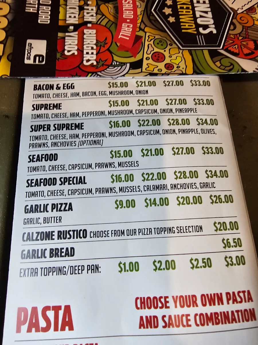 Menu, Kenzo's Pizzas