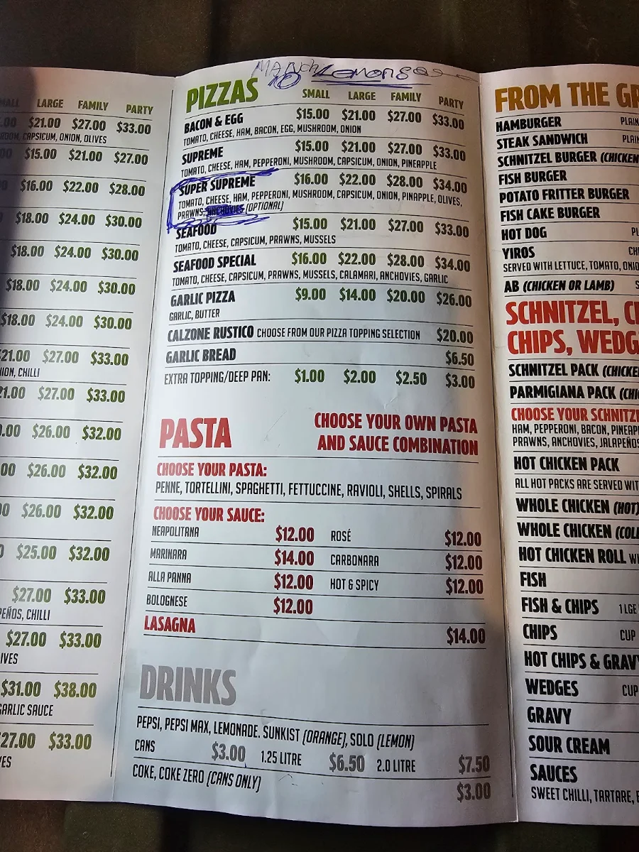 Menu, Kenzo's Pizzas