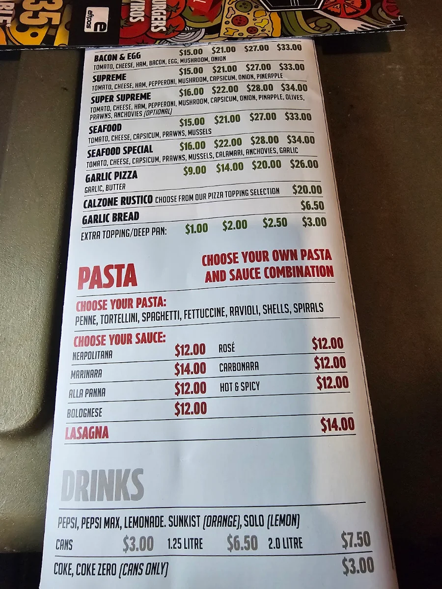 Menu, Kenzo's Pizzas