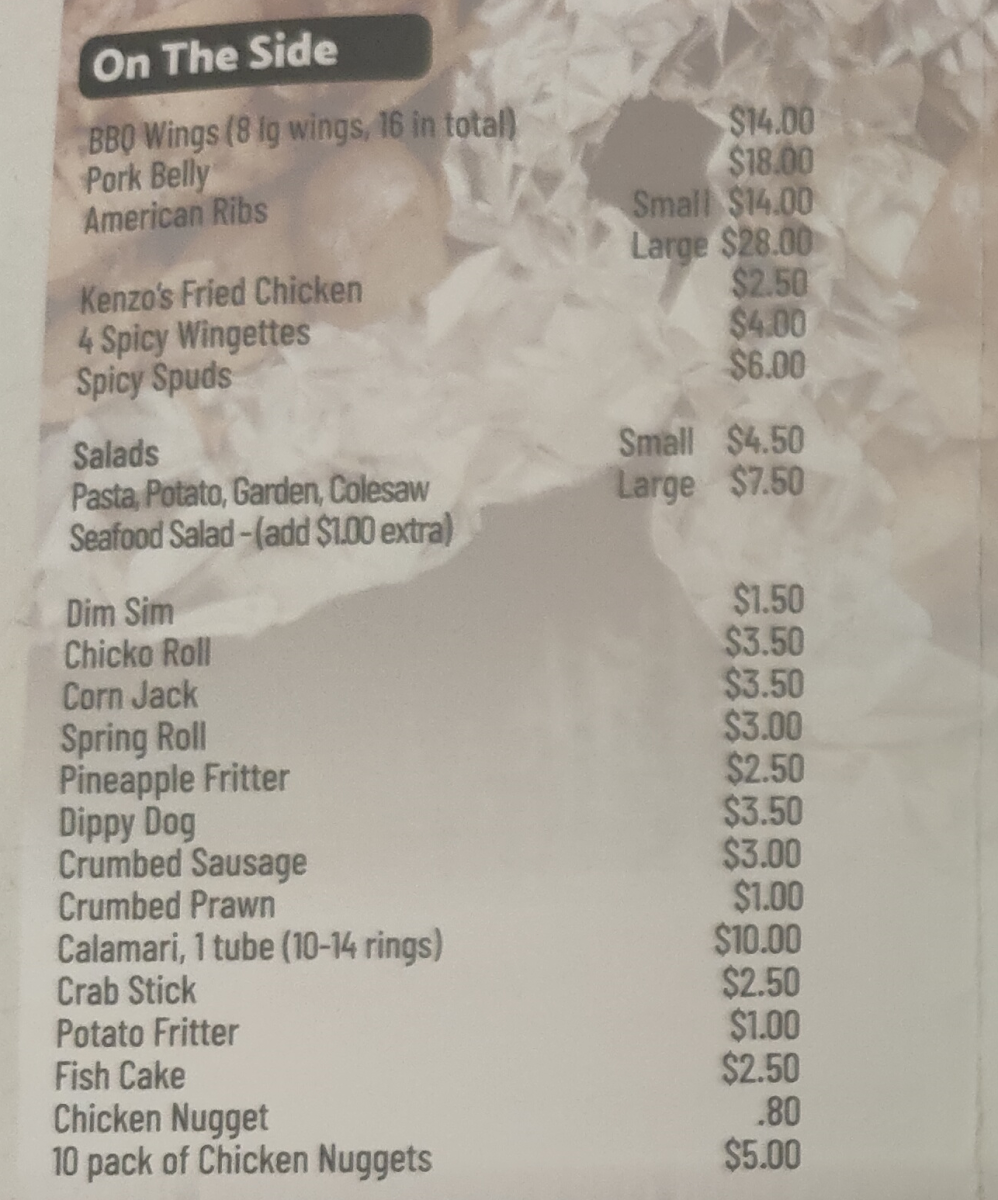Menu, Kenzo's Pizzas