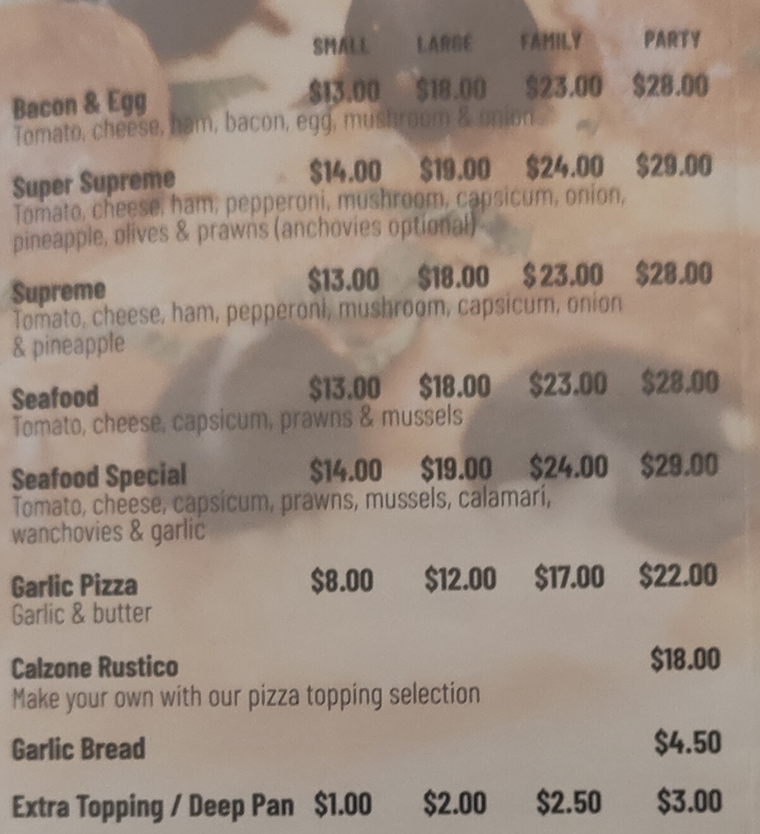 Menu, Kenzo's Pizzas