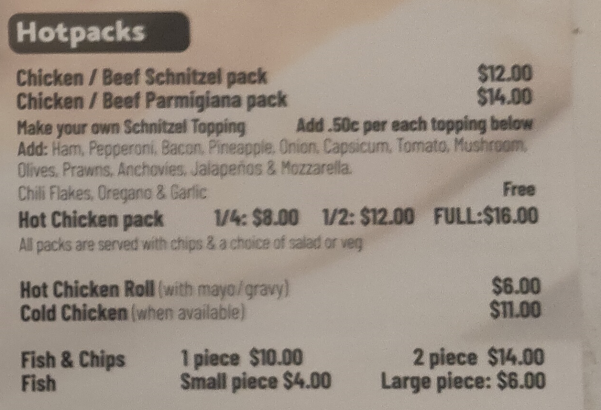 Menu, Kenzo's Pizzas