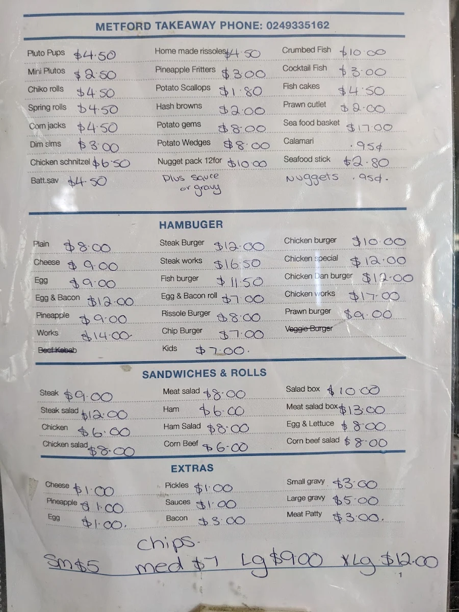Menu, Metford Takeaway
