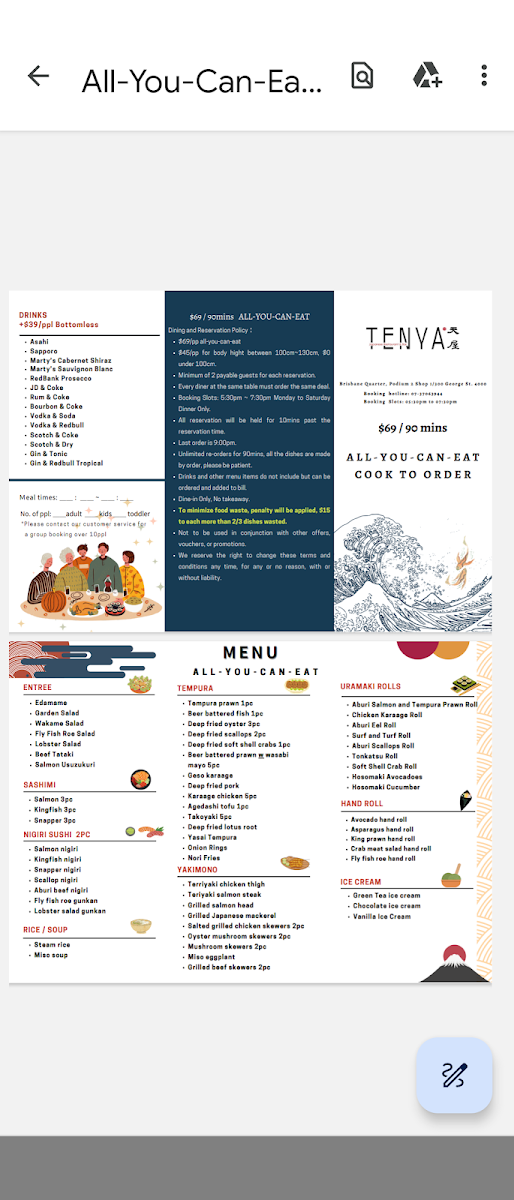Menu, Tenya