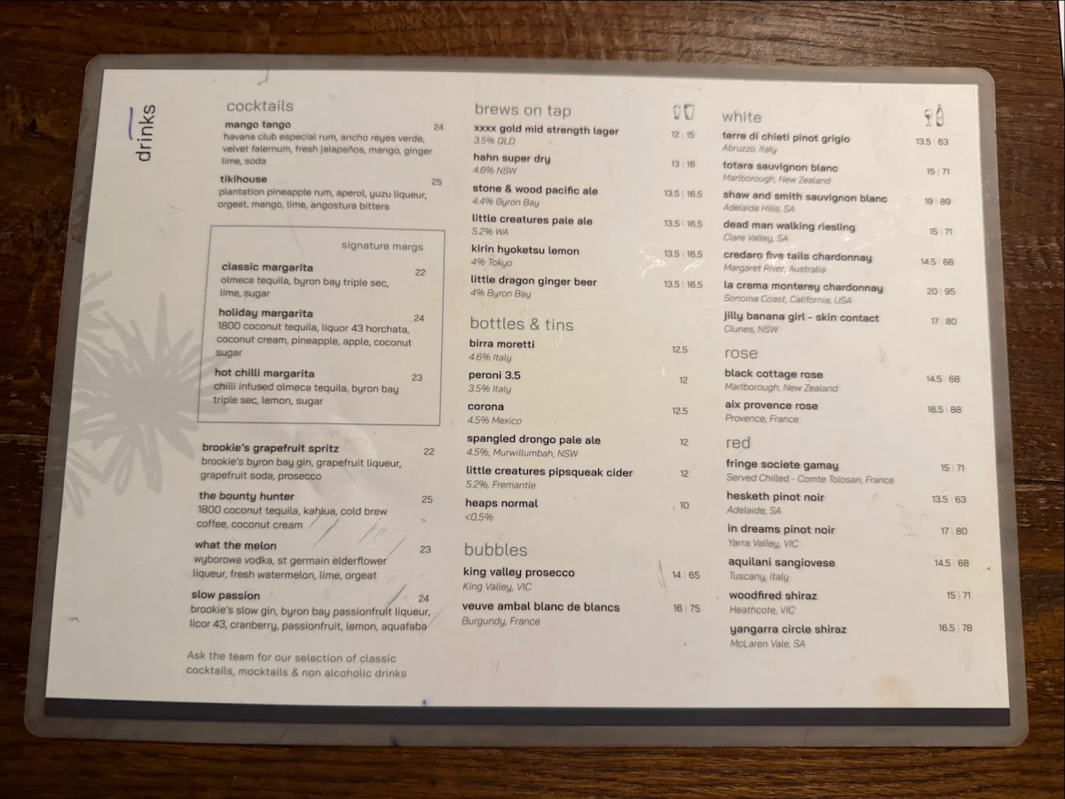 Menu, Treehouse Byron Bay