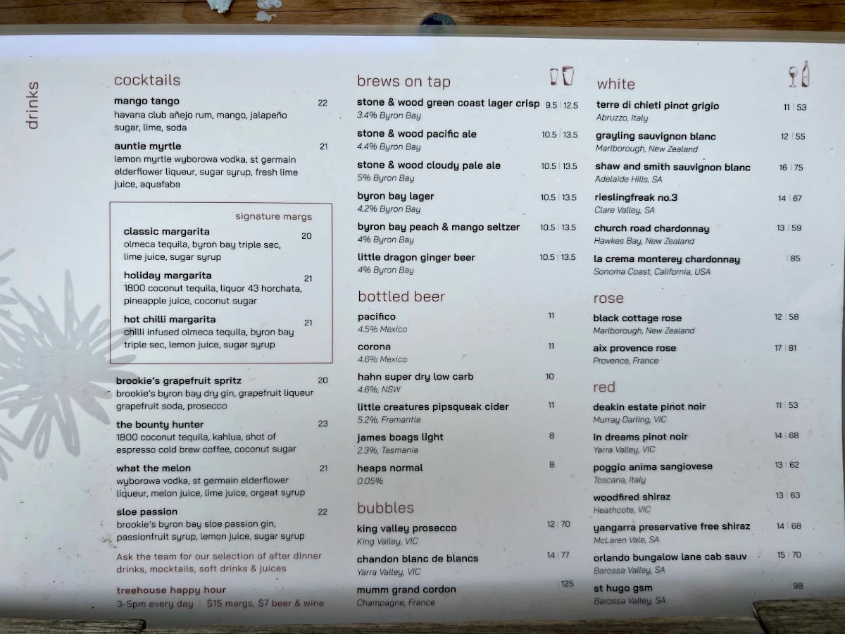 Menu, Treehouse Byron Bay