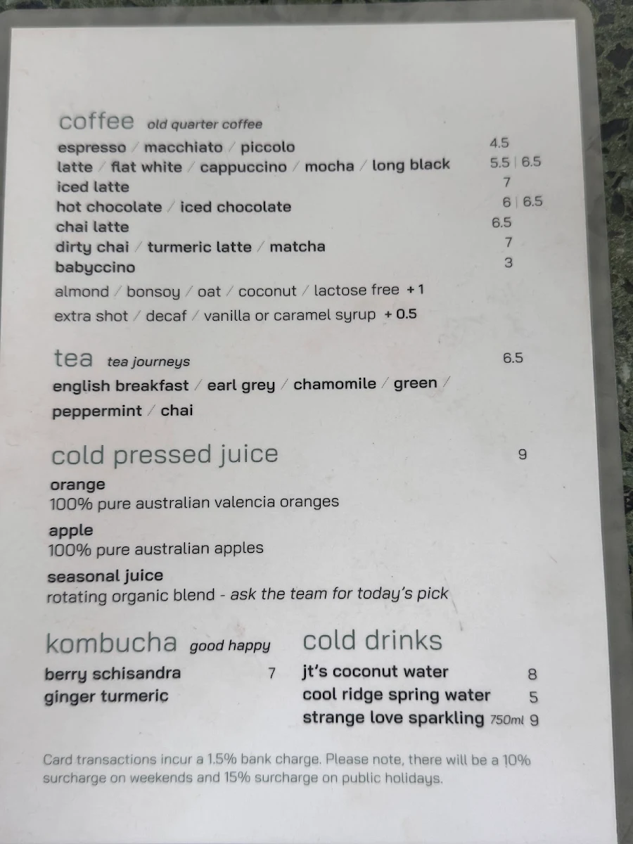 Menu, Treehouse Byron Bay