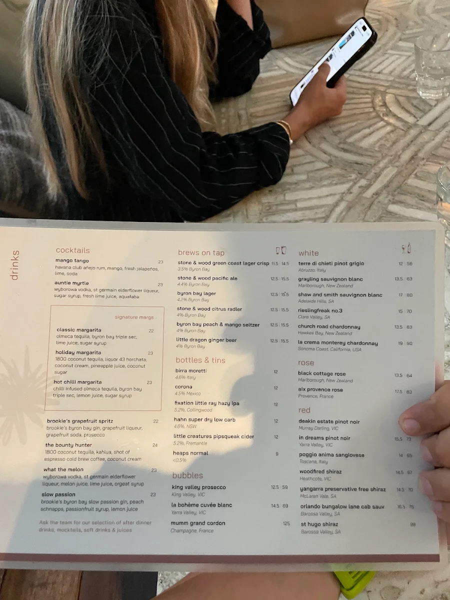 Menu, Treehouse Byron Bay