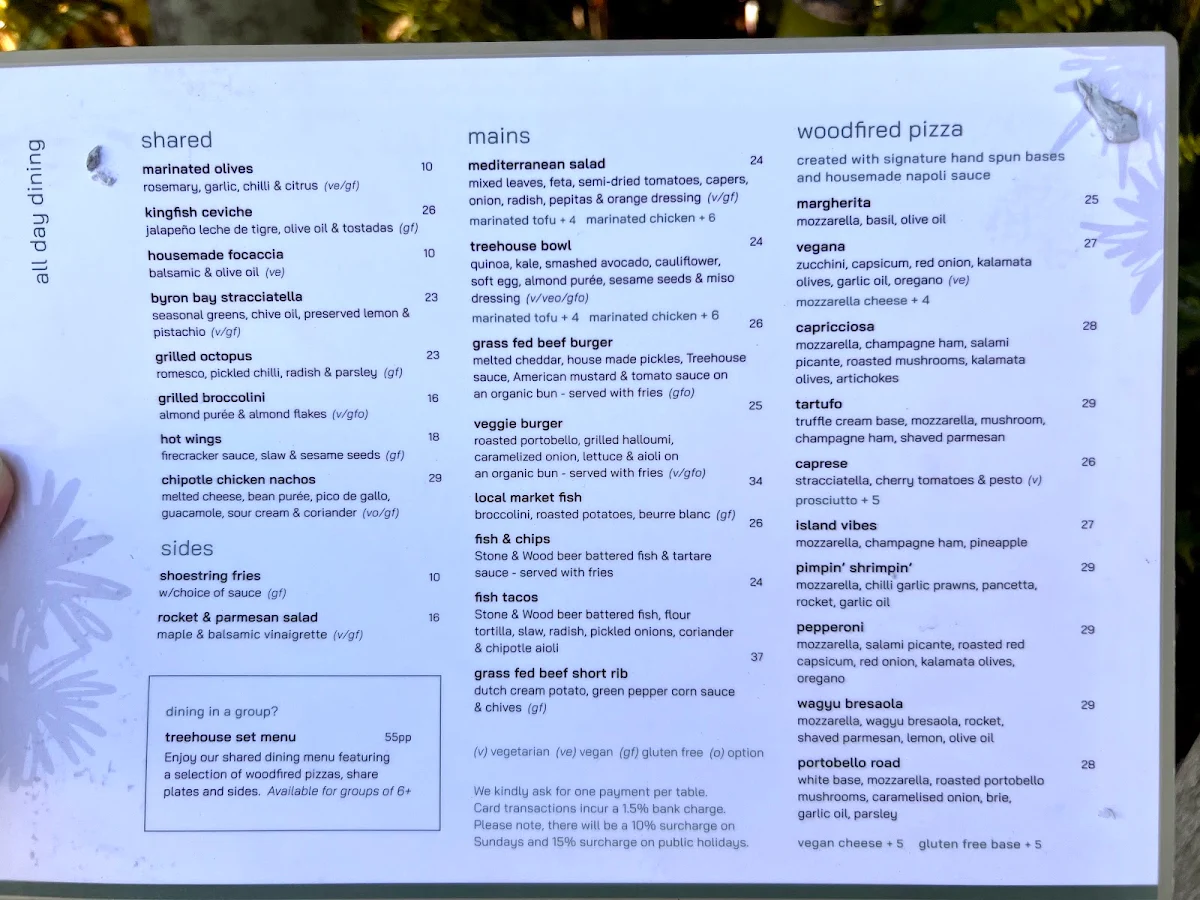 Menu, Treehouse Byron Bay