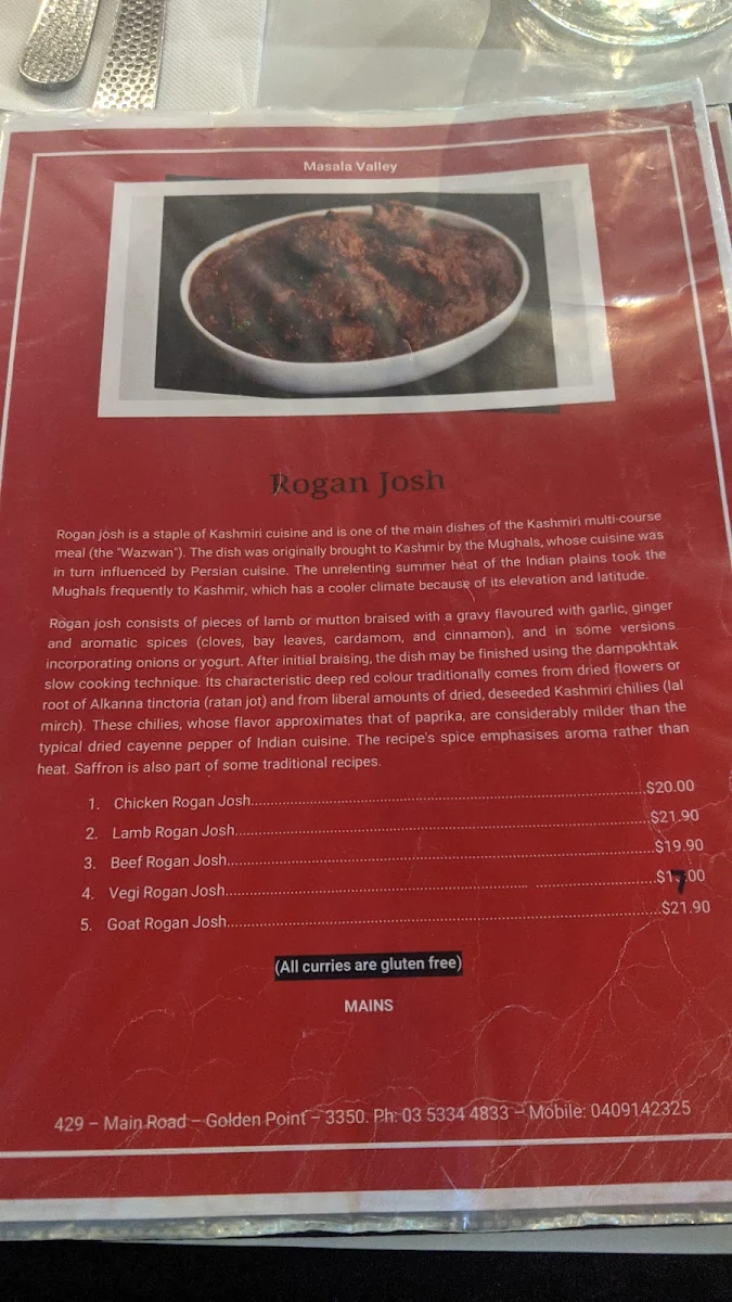 Menu, Masala Valley Indian Restaurant