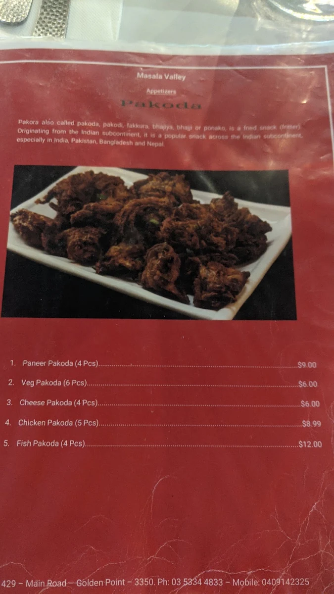 Menu, Masala Valley Indian Restaurant