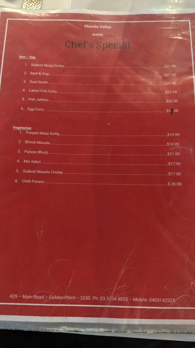 Menu, Masala Valley Indian Restaurant
