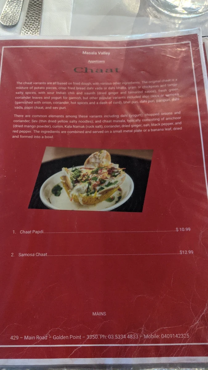 Menu, Masala Valley Indian Restaurant