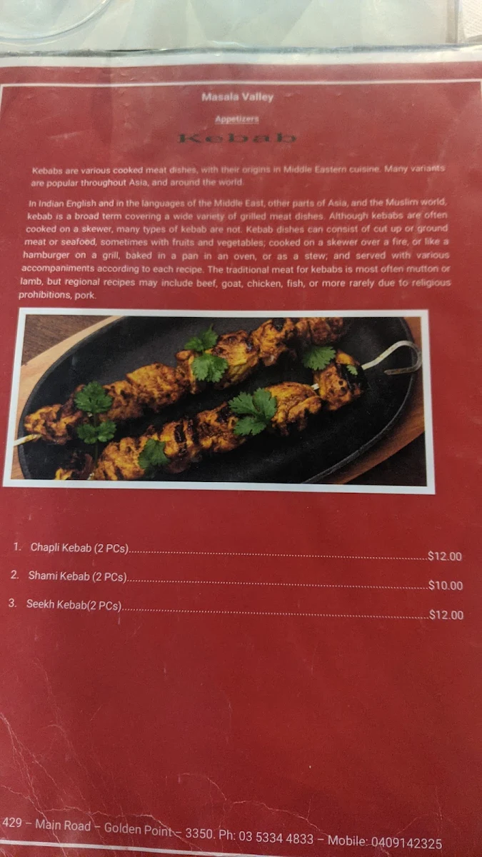 Menu, Masala Valley Indian Restaurant