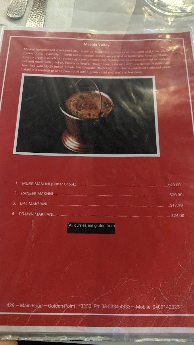 Menu, Masala Valley Indian Restaurant