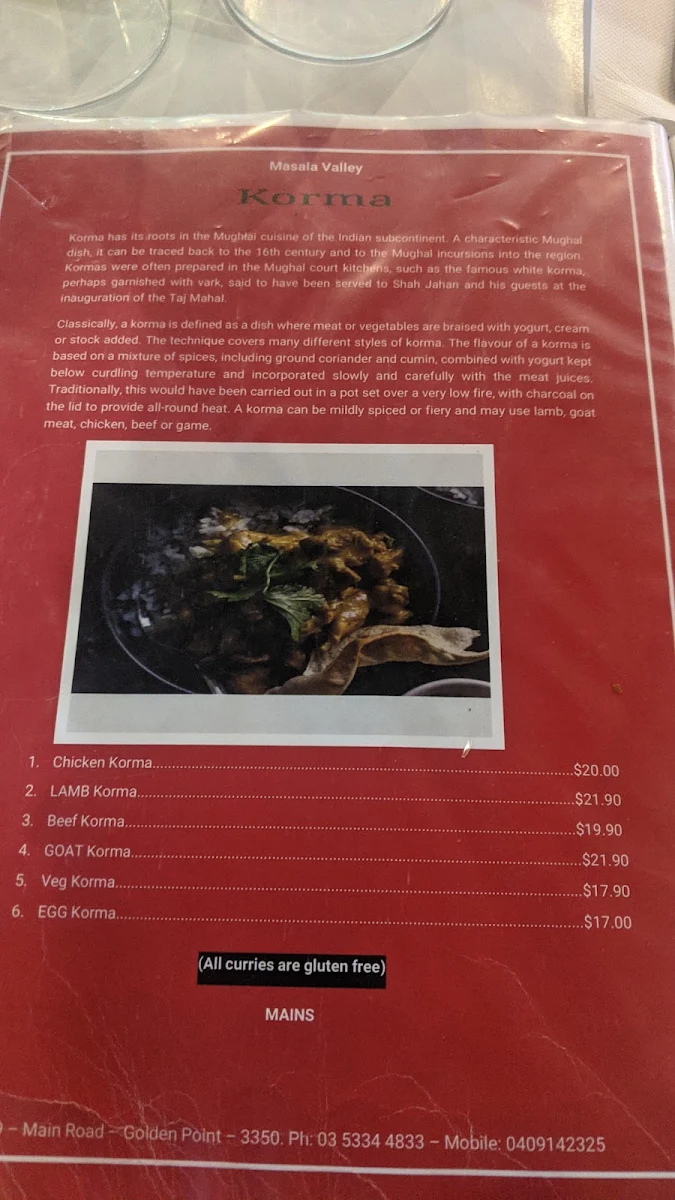 Menu, Masala Valley Indian Restaurant