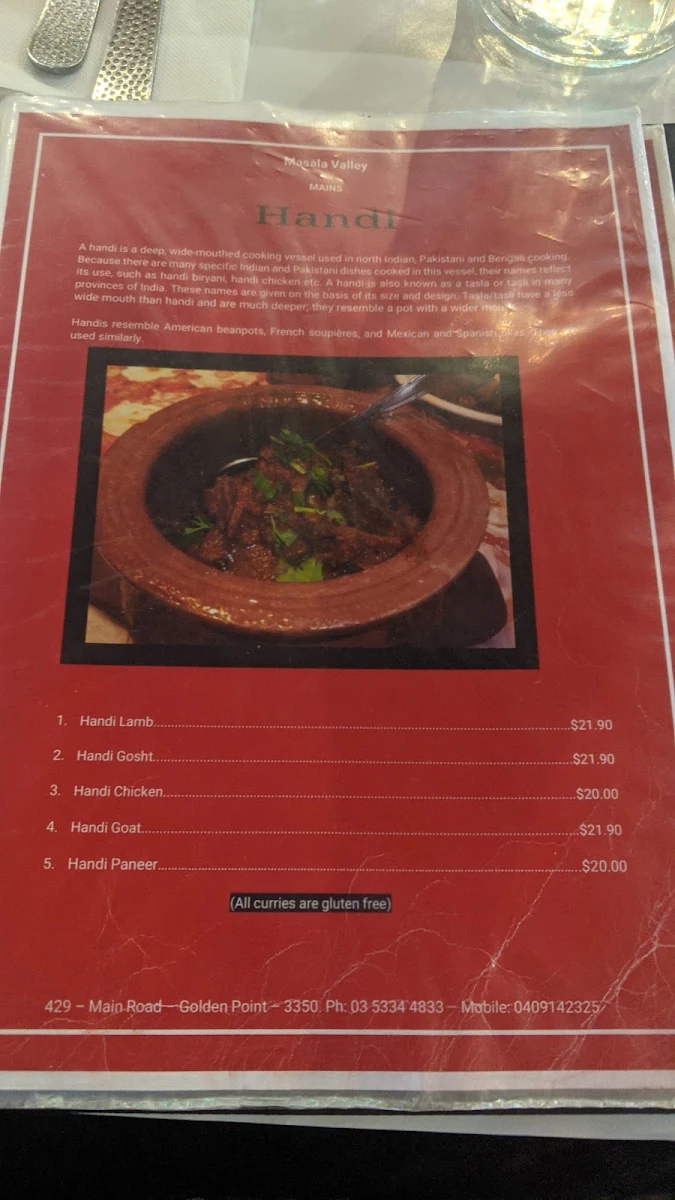 Menu, Masala Valley Indian Restaurant