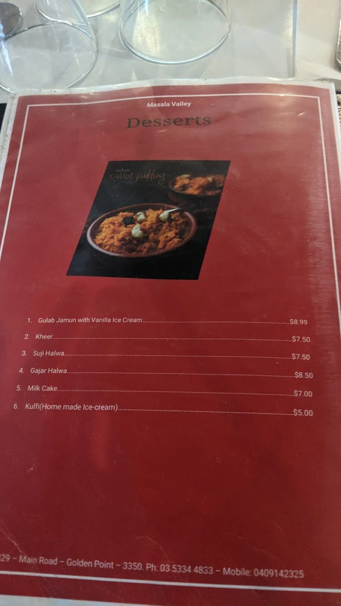 Menu, Masala Valley Indian Restaurant