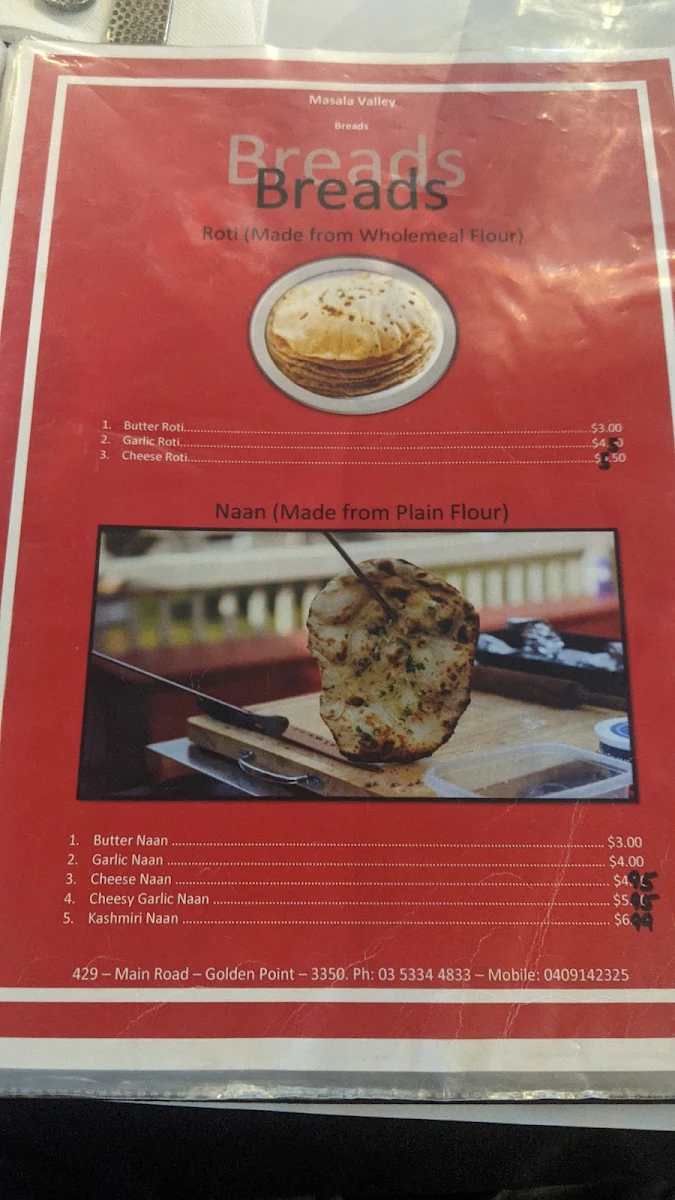Menu, Masala Valley Indian Restaurant