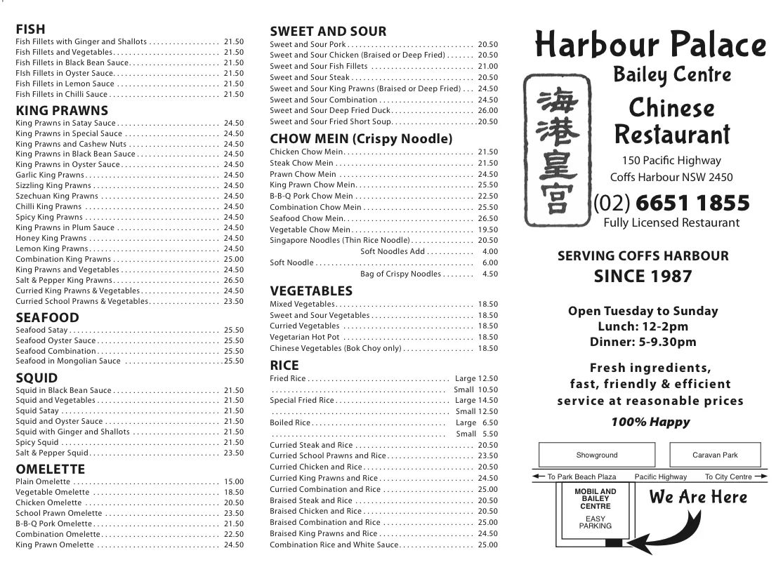 Menu, Harbour Palace Chinese Restaurant