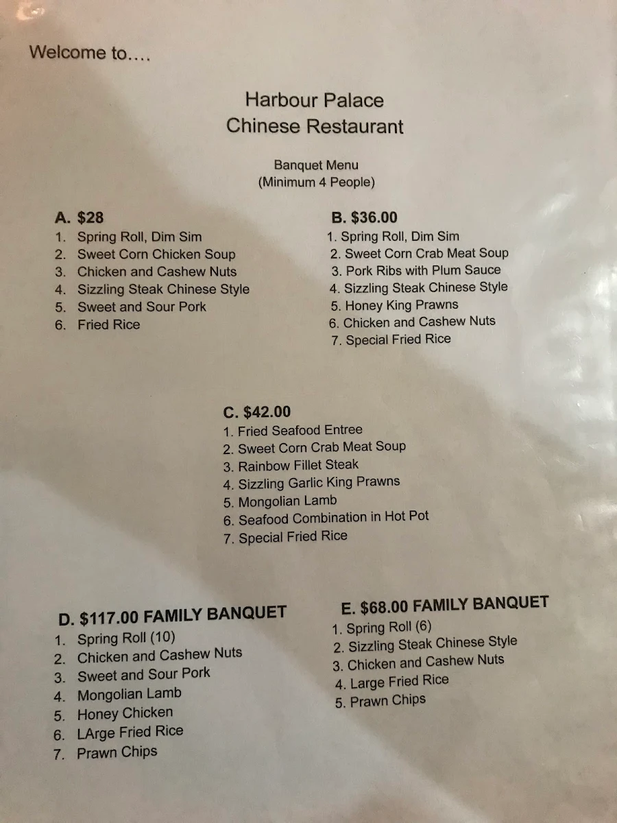 Menu, Harbour Palace Chinese Restaurant