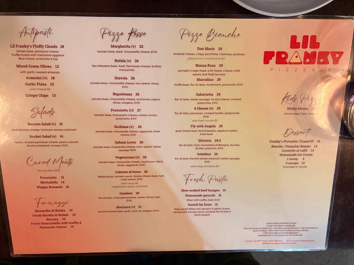 Menu, Lil Franky Pizzeria