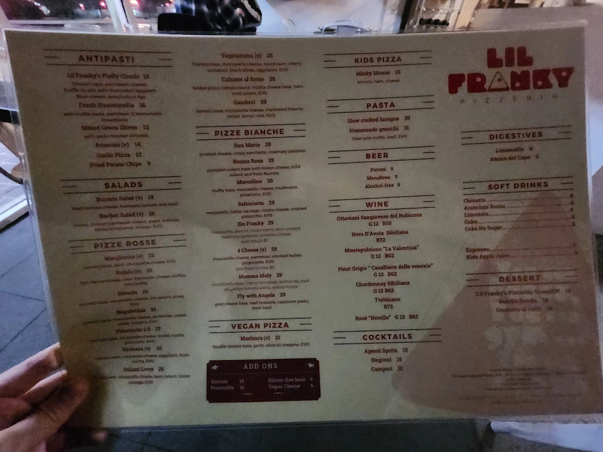 Menu, Lil Franky Pizzeria