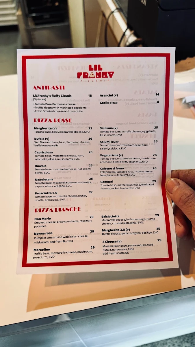 Menu, Lil Franky Pizzeria