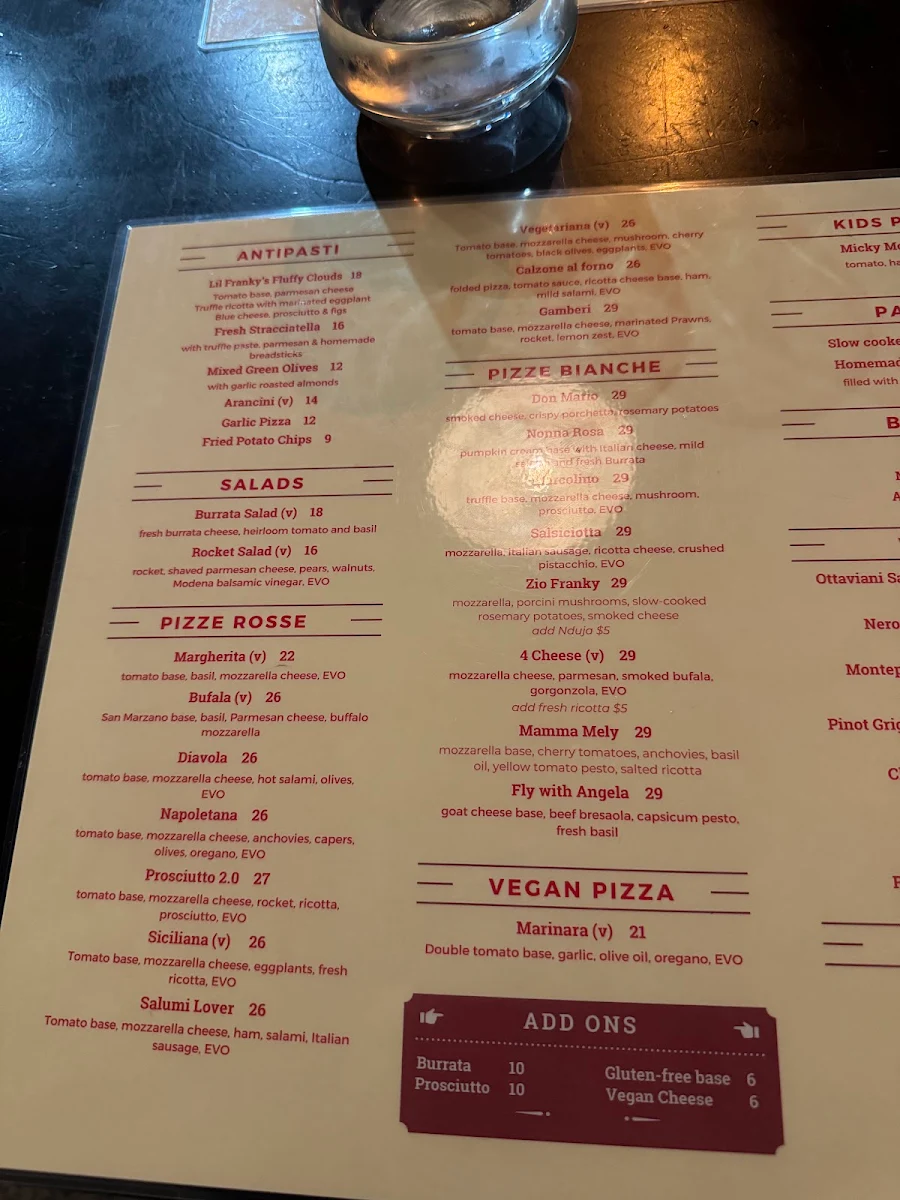 Menu, Lil Franky Pizzeria
