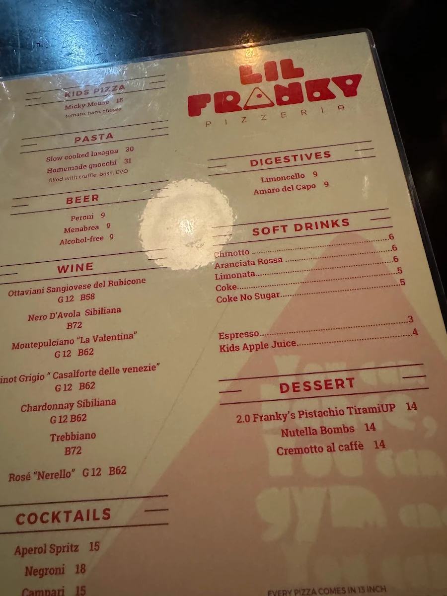 Menu, Lil Franky Pizzeria