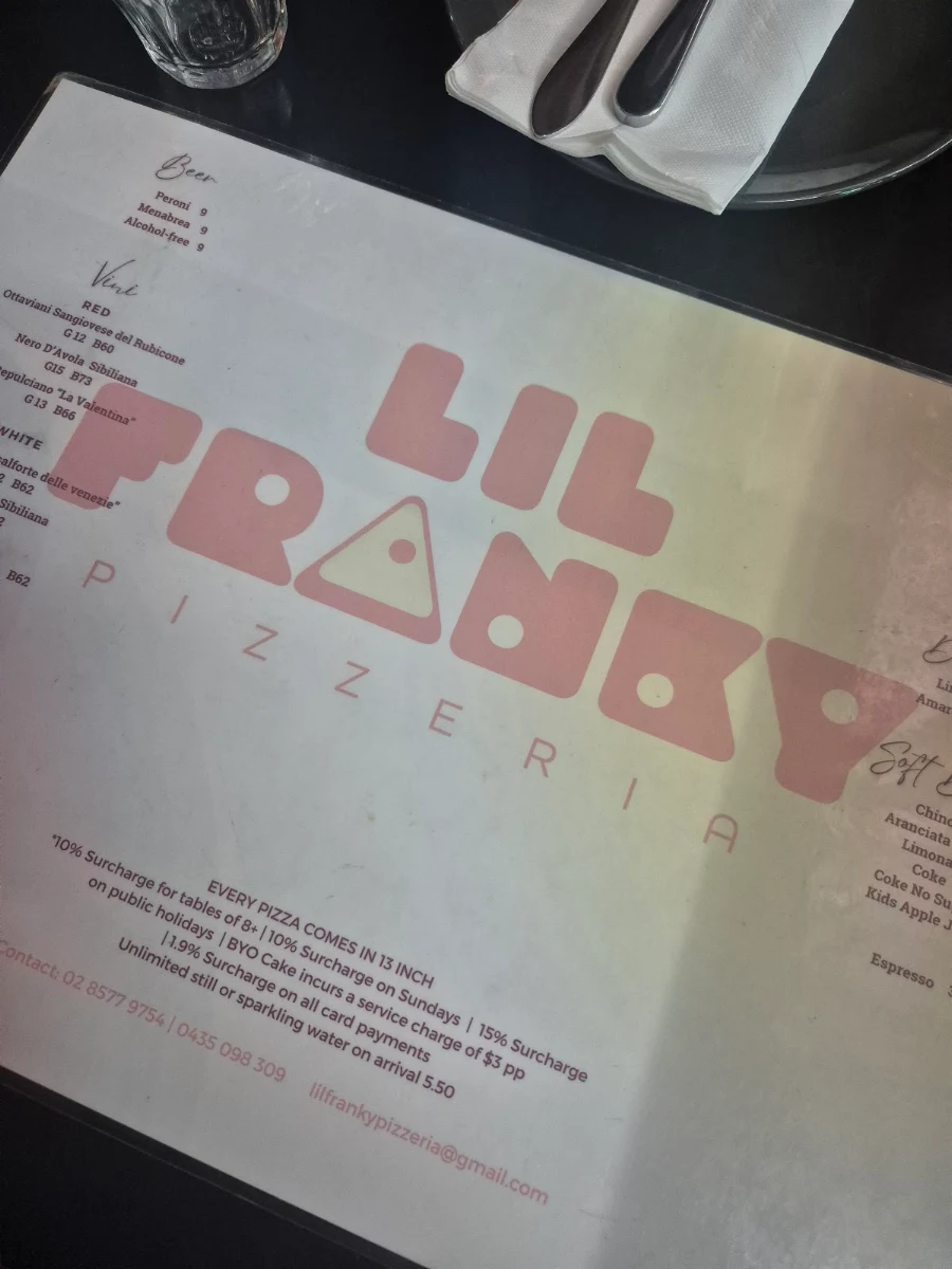 Menu, Lil Franky Pizzeria